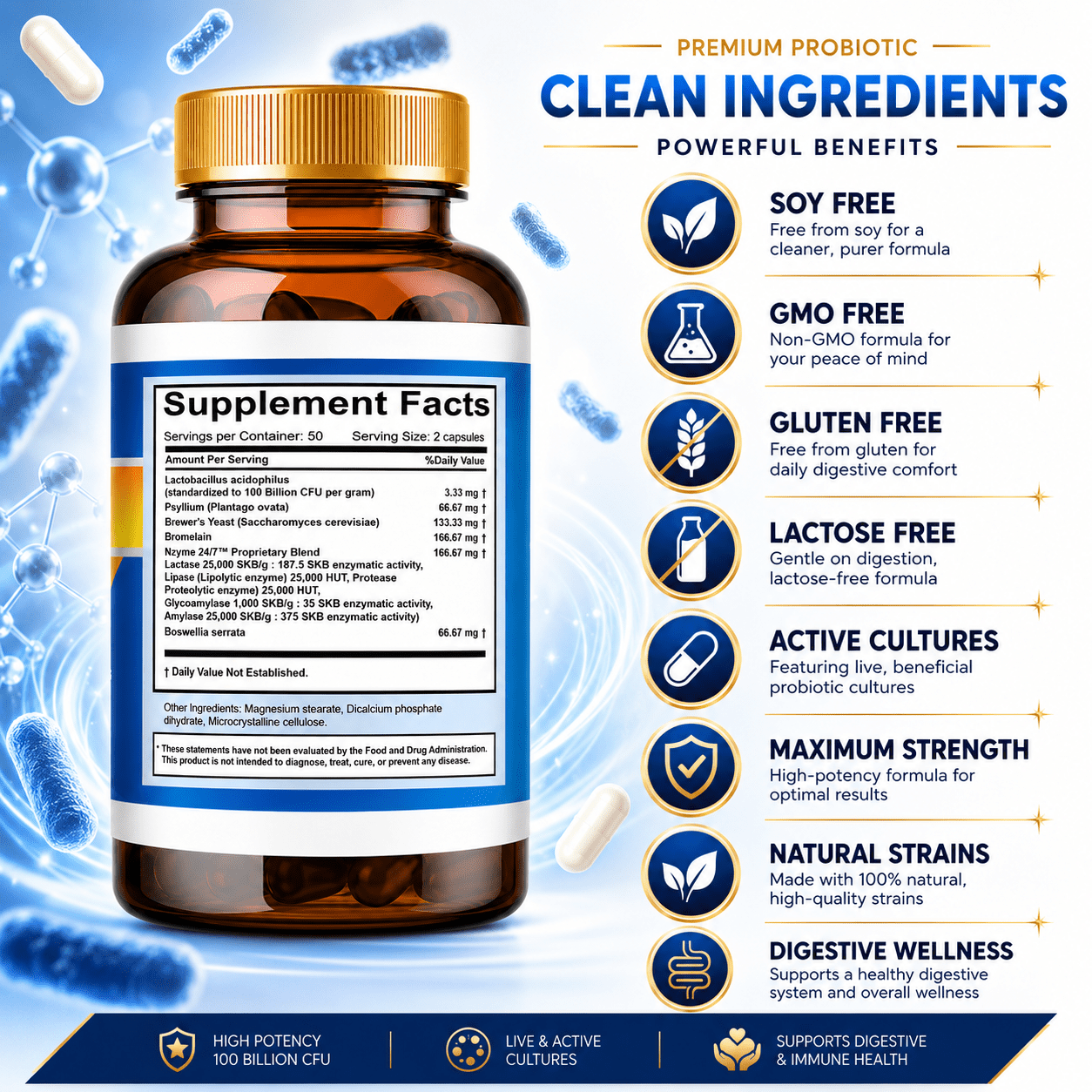 2 Bottles – Probiotic 100 Billion CFU + Plant Enzymes – 200 Caps – Advanced Digestive Support
