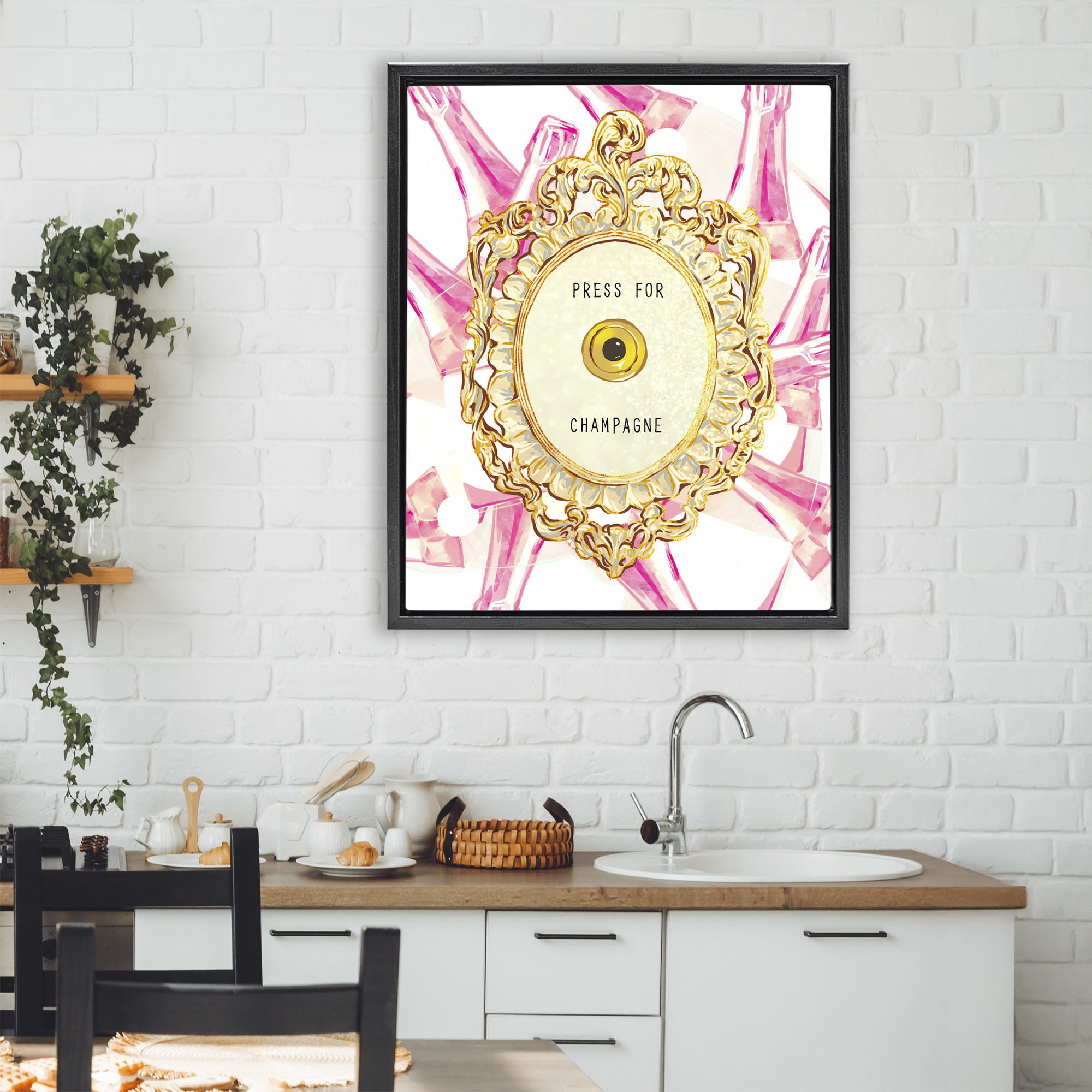 Champagne Doorbell with Pattern Black Framed Floater Canvas Wall Art, design by Ziwei Li