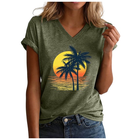 felwors Women's T- V-Neck Graphic Tees Vintage Boho Flowers Summer Casual Short Sleeve Tshirt Tops (AG, S)