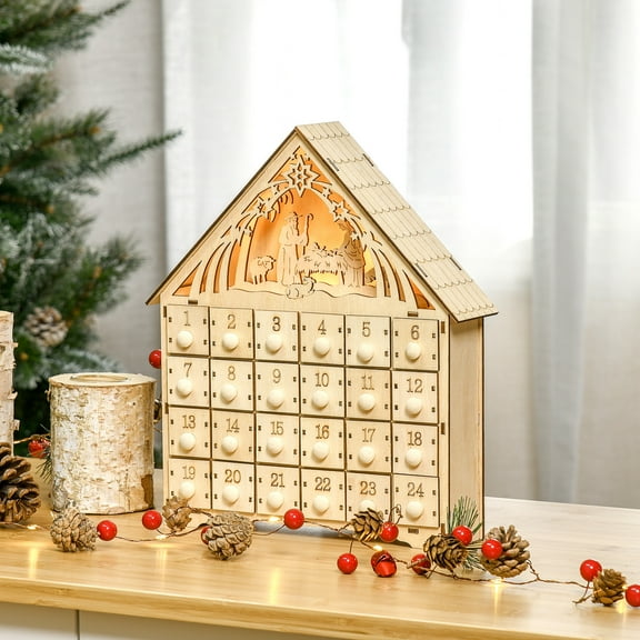 HOMCOM Christmas Advent Calendar Light Up Manger Scene Tabletop Xmas Wooden House Holiday Decoration with Countdown Drawer for kids Adults