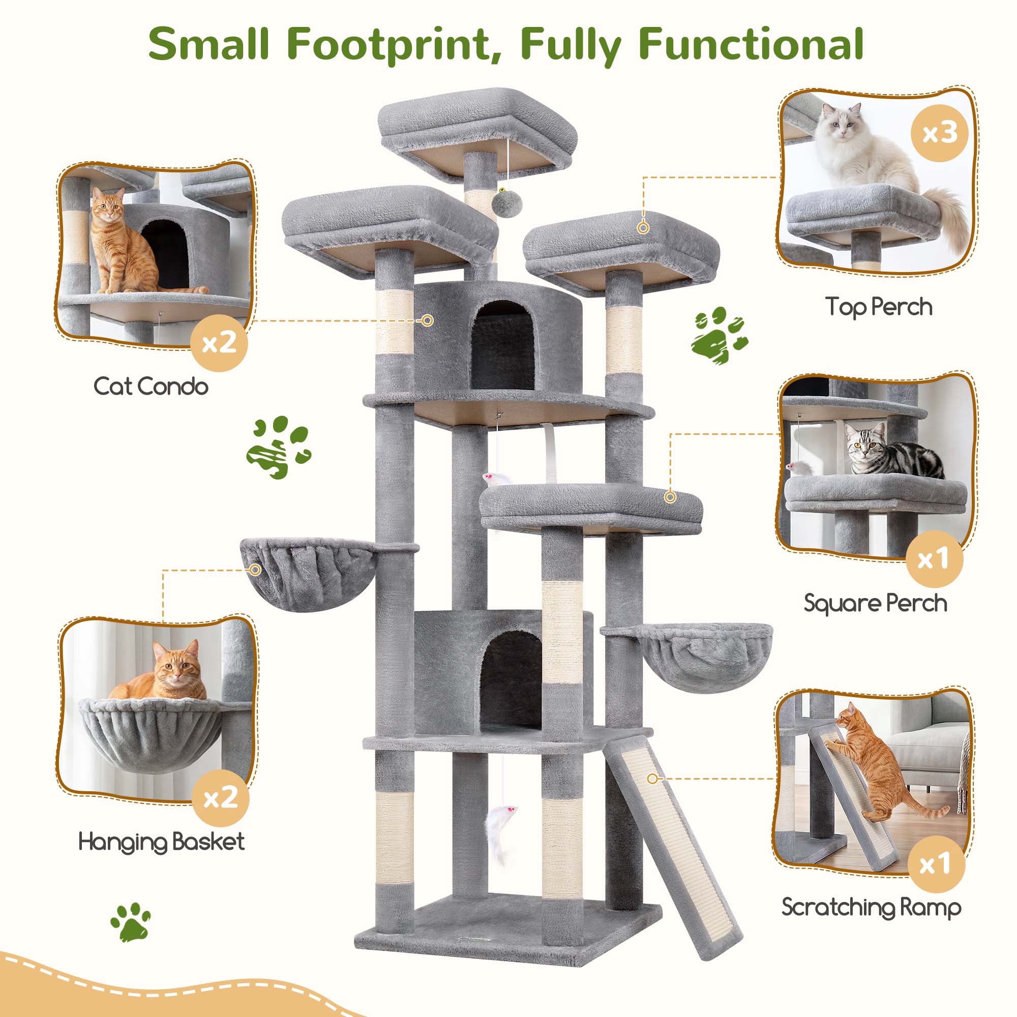 Globlazer 80in Heavy Duty Cat Tree for Large Cats, Multi-Level Cat Furniture Activity Center with 2 Condos, 2 Hammocks, 3 Perches & Sisal Scratching Posts，Light Grey