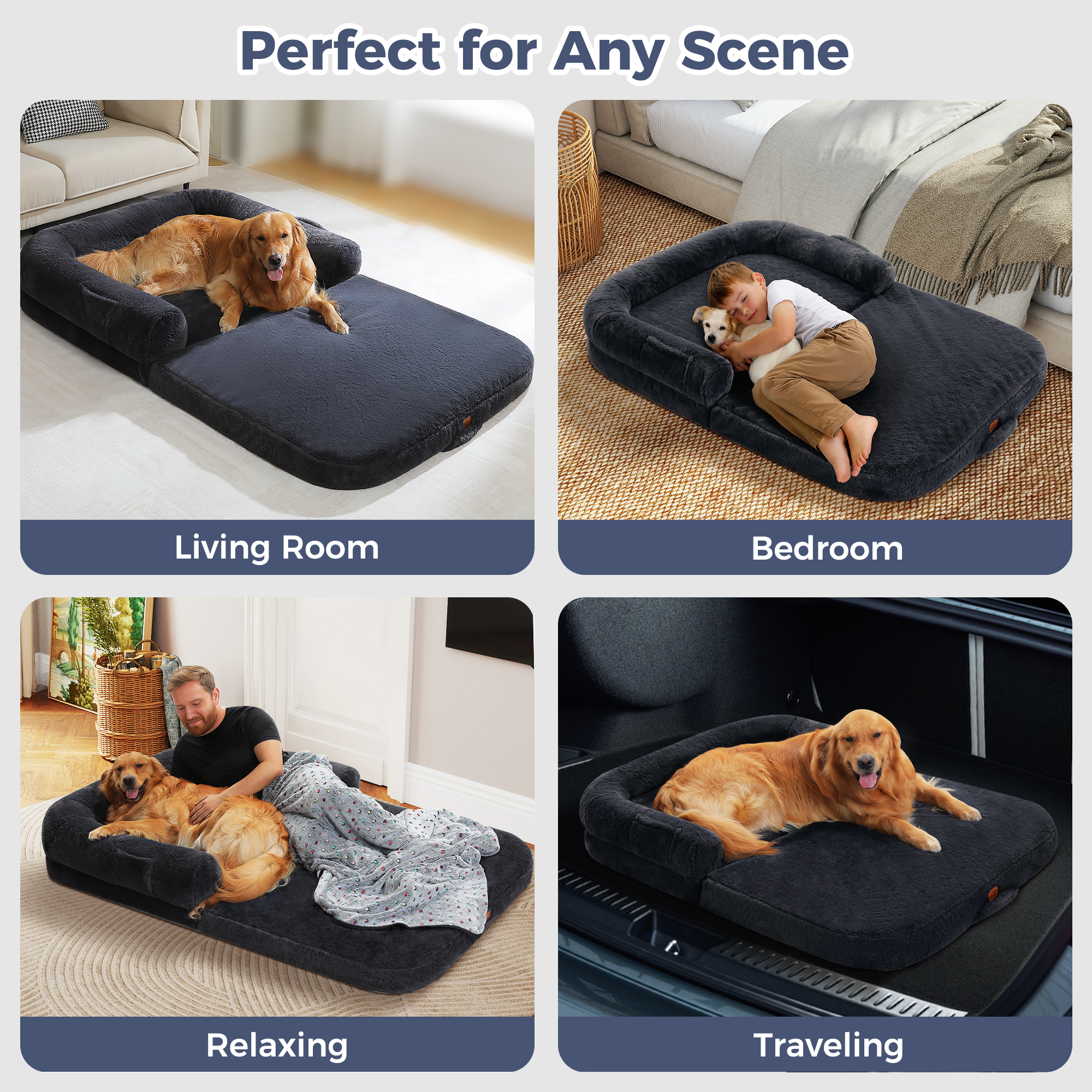 PAWZ Road Foldable Dog Bed for Child, Human Sized Plush Dog Bed Waterproof for Large Dogs, Dark Gray