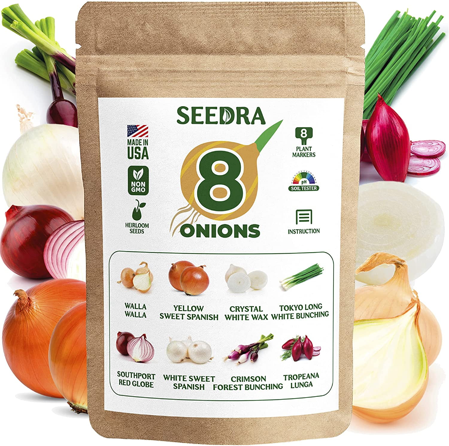SEEDRA.US 8 Onion Seeds Variety Pack - 200+ Non GMO, Heirloom Seeds for Indoor Outdoor Hydroponic Home Garden - Walla Walla, Yellow Sweet Spanish, Crystal White Wax, Tokyo Long White Bunching & More
