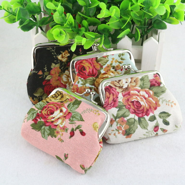 Canvas Rose Mini Coin Purse Vintage Pouch Buckle Change Bag Kiss-Lock Clasp  Small Retro Wallet Floral Pattern for Women Girl - by Viemira 