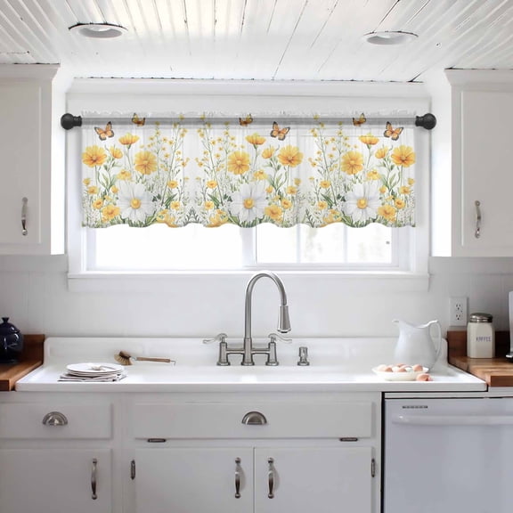 Yellow Spring Floral Valance Curtains for Kitchen/Living Room/Bathroom/Bedroom Window, Pastoral Summer Botanical Daisy Rod Pocket Small Topper Half Short Window Curtains Voile Sheer Scarf 42"x12"