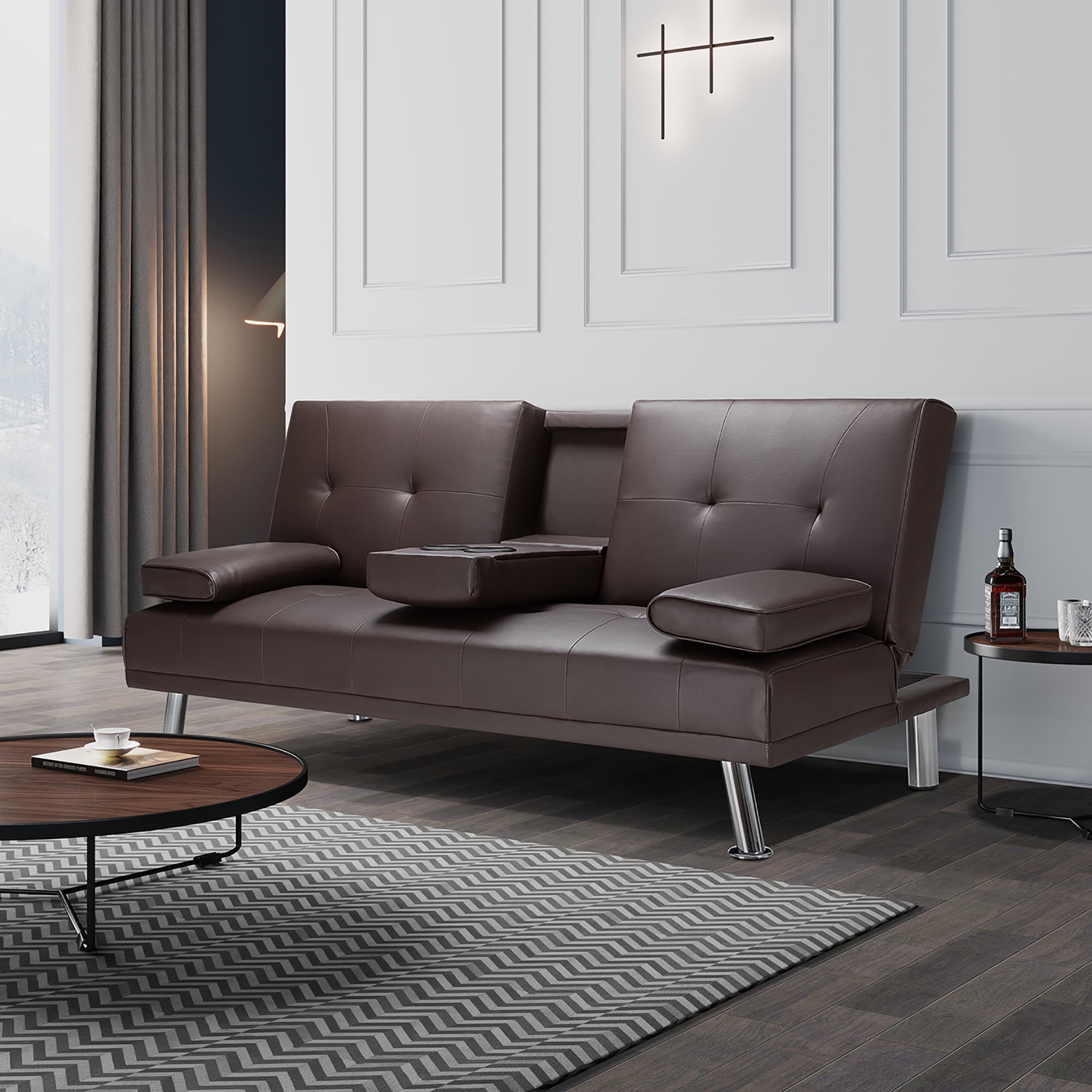 Hapnomic Brown Faux Leather Modern Convertible Sofa Bed