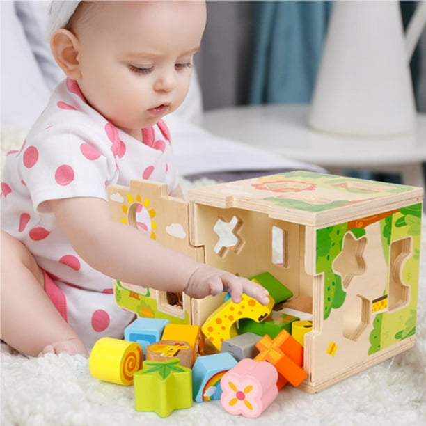 Wood Shape Sorter Cube Toys with 15 Wooden Shape Blocks and Sorting Box