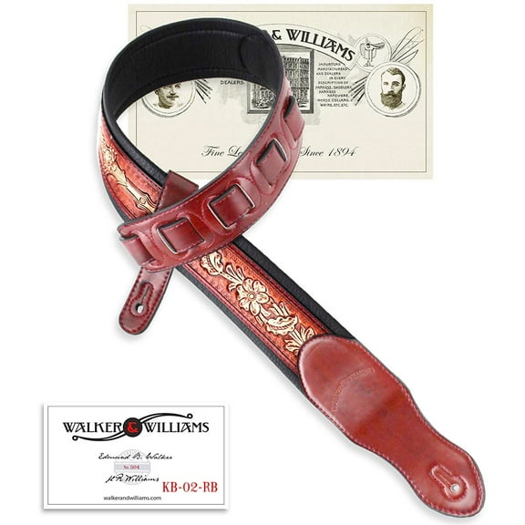 Walker & Williams KB-02-RB Dark Bourbon Red Carving Leather Padded Guitar Strap With Floral Skull & Cross