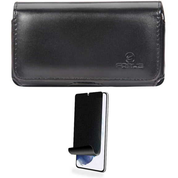 Privacy Screen Protector w Case Belt Clip for Samsung Galaxy S21 - TPU Film (Fingerprint Works) Anti-Peep, Leather Swivel Holster