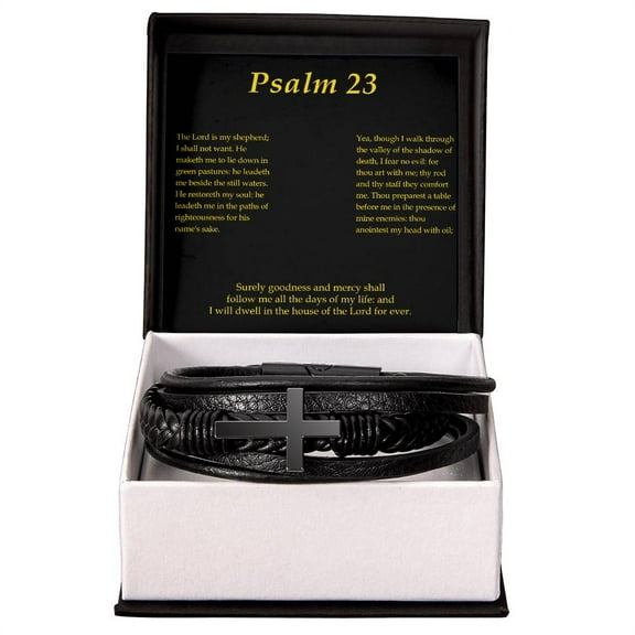 Lord is my Shepherd Psalm 23:2 Men's Stainless Steel & Vegan Leather Cross Bracelet - Vegan Leather with Stainless Steel