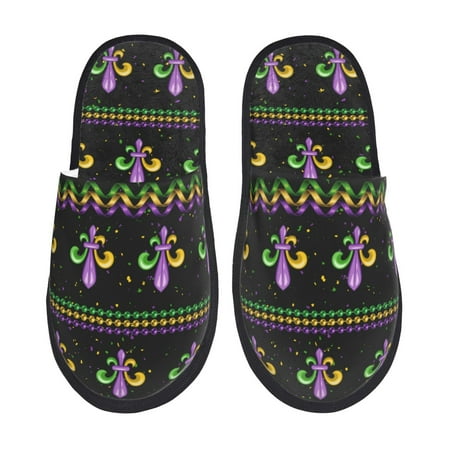 Balery Mardi Gras Fleur de Lis Slient Indoor Furry Fleece Comfort House Shoes Soft Non-Slip Home Shoes Cotton slippers House Slippers-- Large