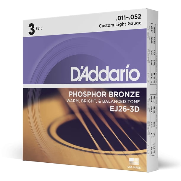 Juego de 3 cuerdas para guitarra D'Addario Phosphor Bronze EJ26-3D 11-52