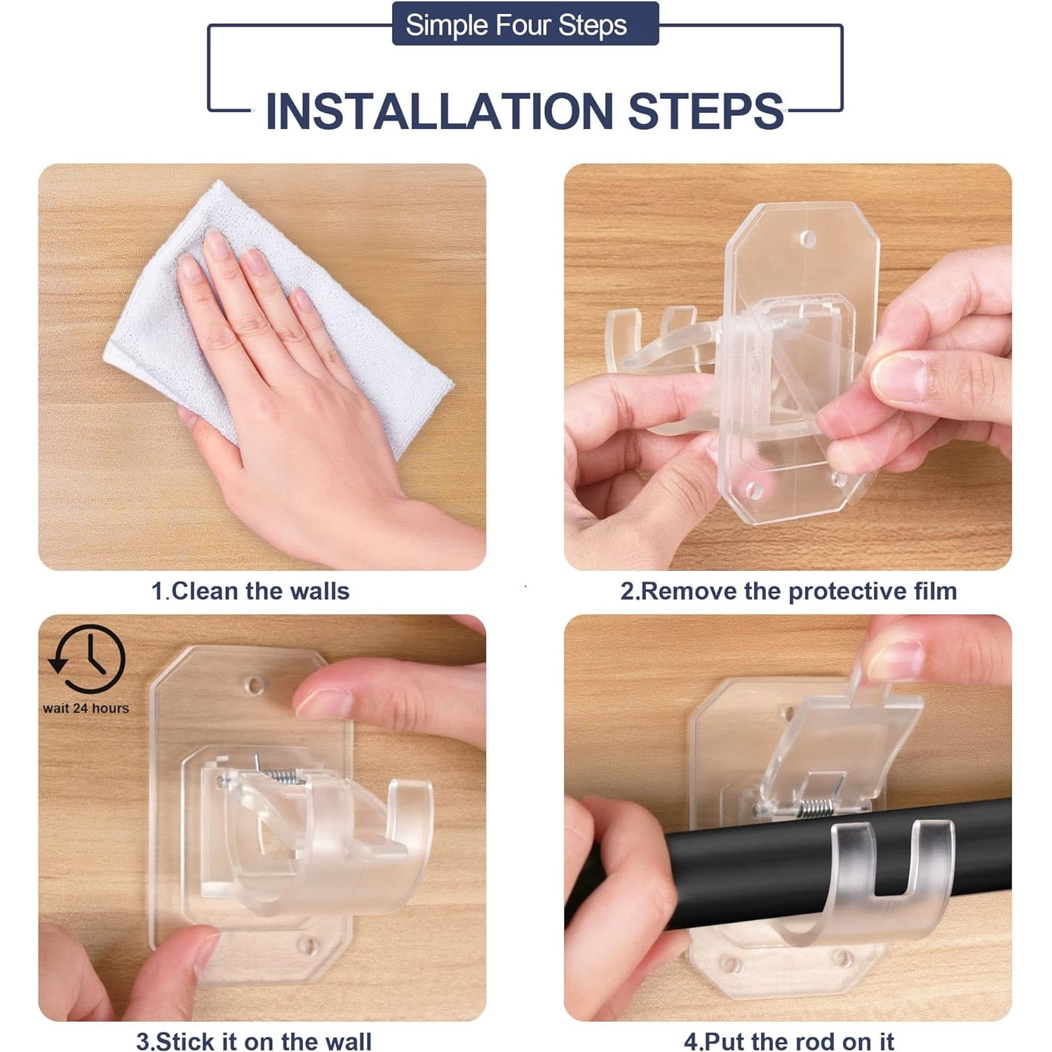 Genreen 8-Pack Self-Adhesive No-Drill Curtain Rod Brackets – Transparent, Nail-Free Adjustable Hooks for Bathroom & Kitchen