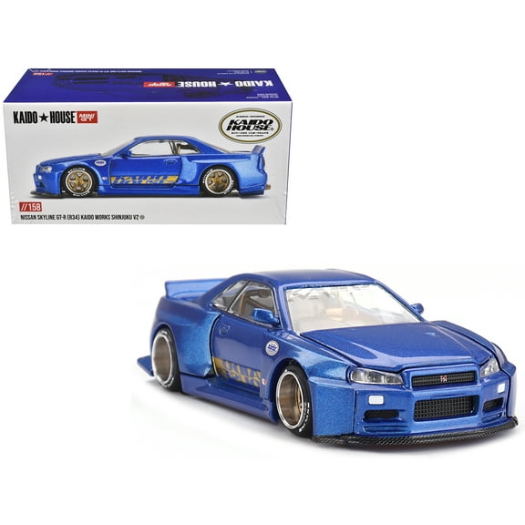 Nissan Skyline GT-R (R34) "SHINJUKU V2 Aero" RHD Blue Metallic "Kaido House" Special 1/64 Diecast Model Car by Mini GT