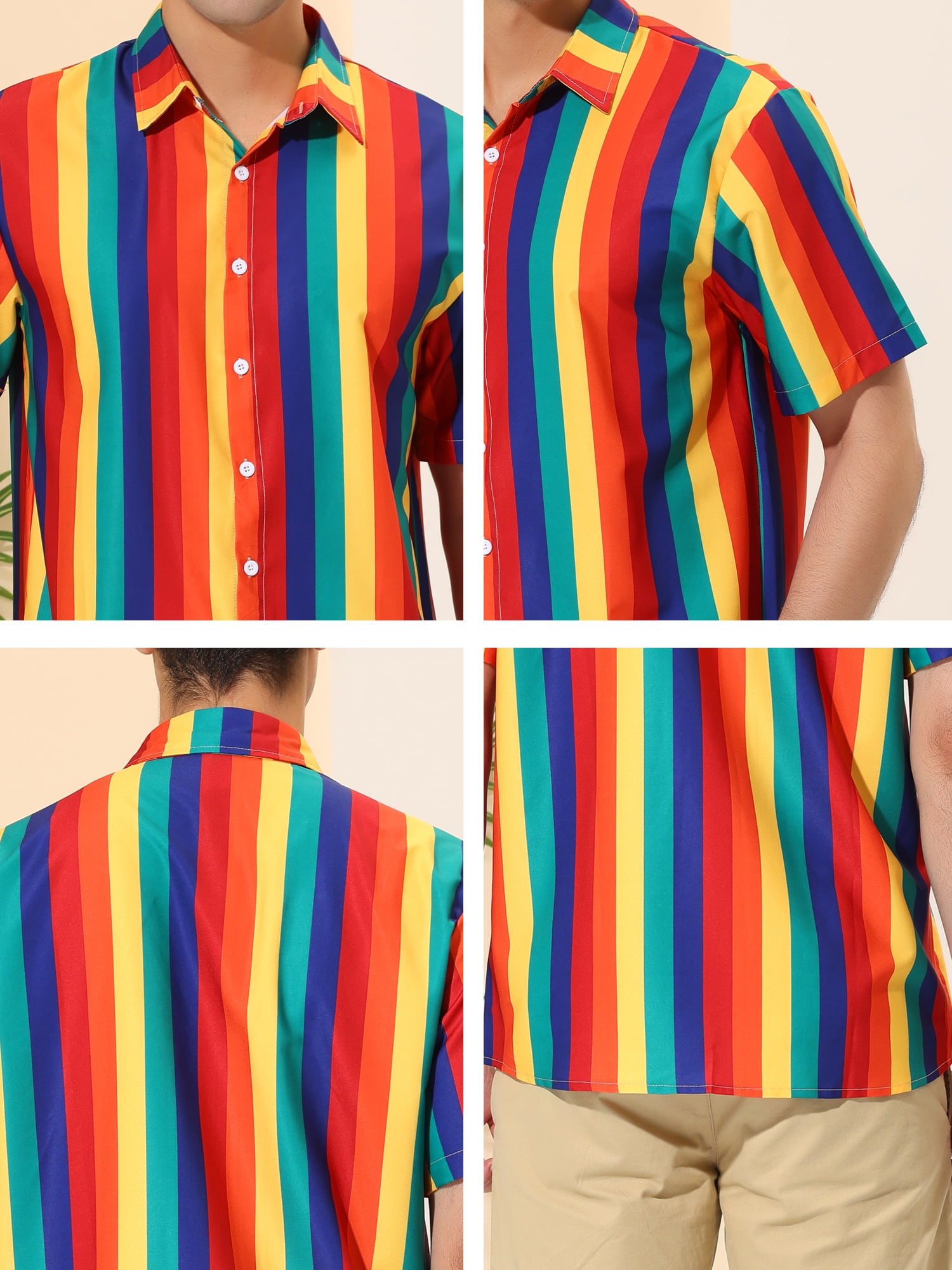 Unique Bargains Men's Summer Striped Shirt Short Sleeve Button Down Beach Shirts S Rainbow Yellow
