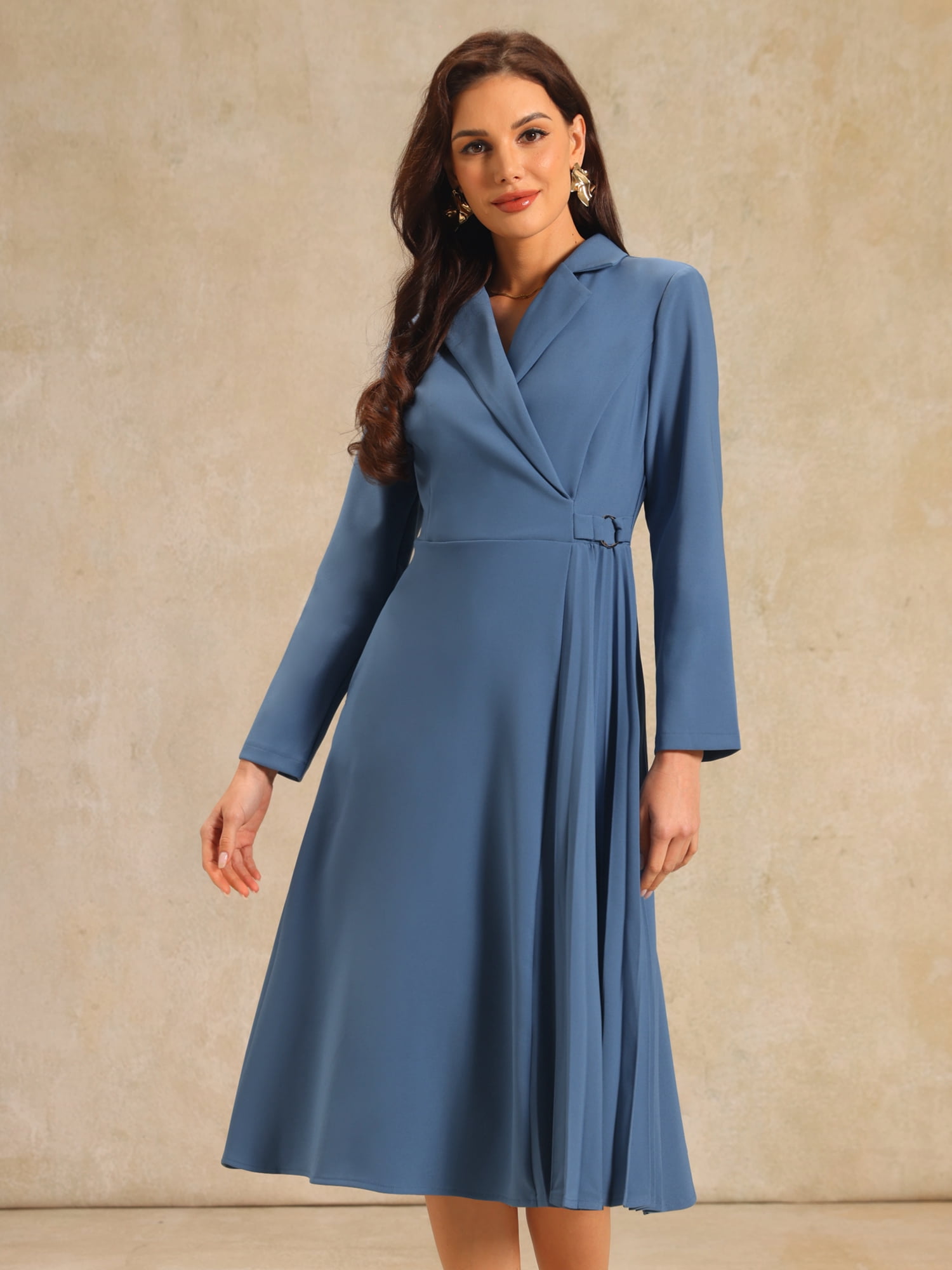 DARING DIVA Wrap A-Line Pleated Midi Long Sleev Dress M Blue