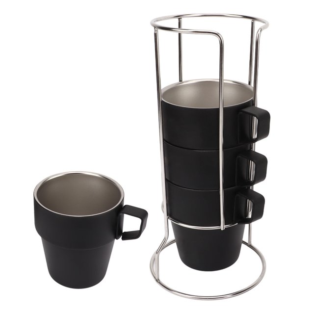 Stackable Coffee Cup, Double Layer Camping Cups Set 4PCS For Beverage Silver,Black