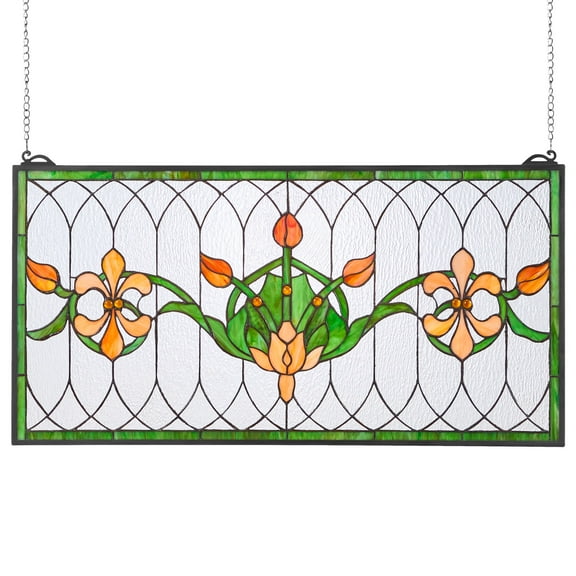 VEVOR Stained Glass Window Panel, 32 x 17 in, Tiffany Style Hanging Transom Window Panel with Chain,Large Horizontal Rectangle Stain Glass,Vintage Traditional Art Handcrafts for Kitchen Home Decor