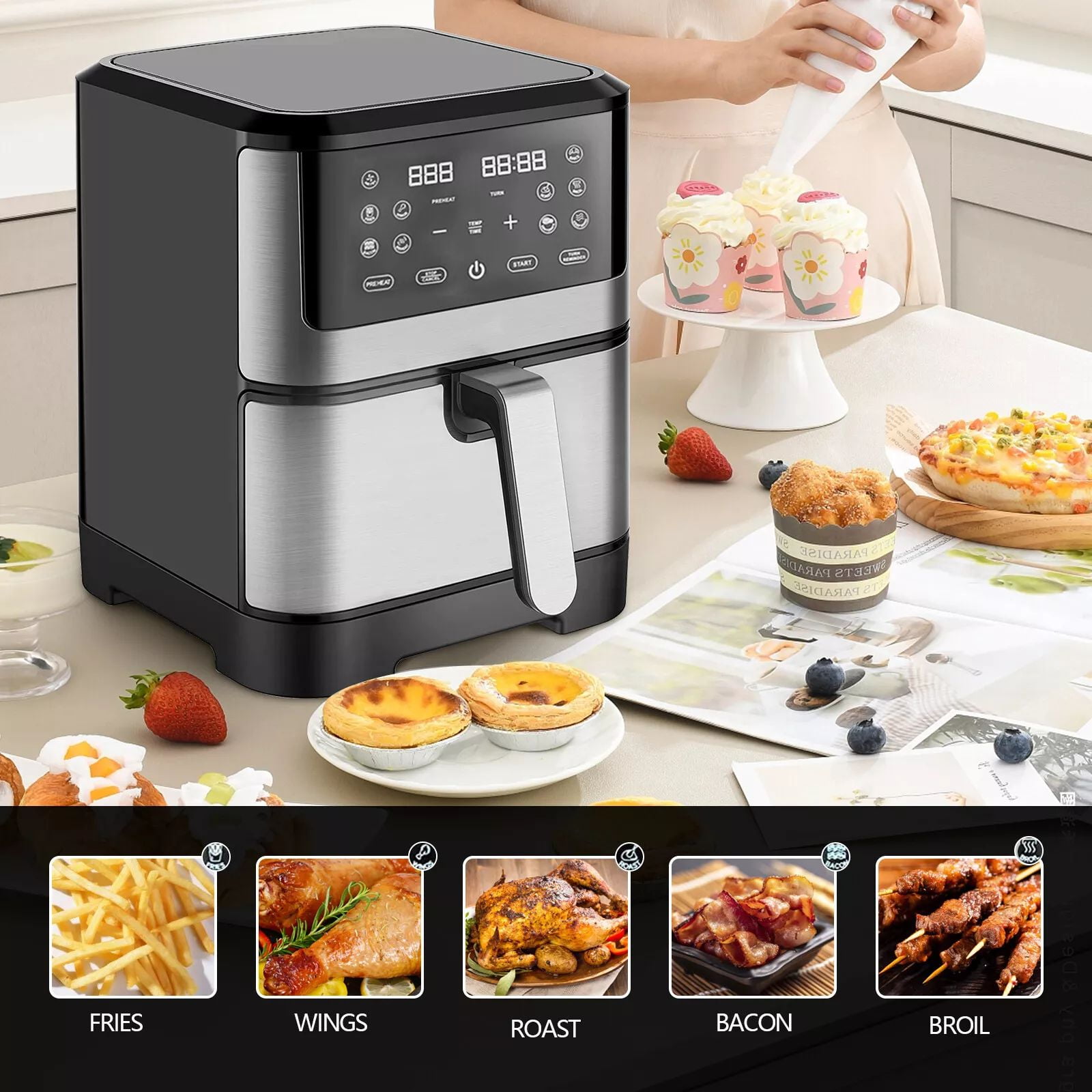 JSTUOKE 8.5QT 1500W Air Fryer Oven, 10-in-1 Family-Sized Oven, Digital Air Fryer Oil Free Low Fat Healthy Cooker With Touch Screen and Temperature Control