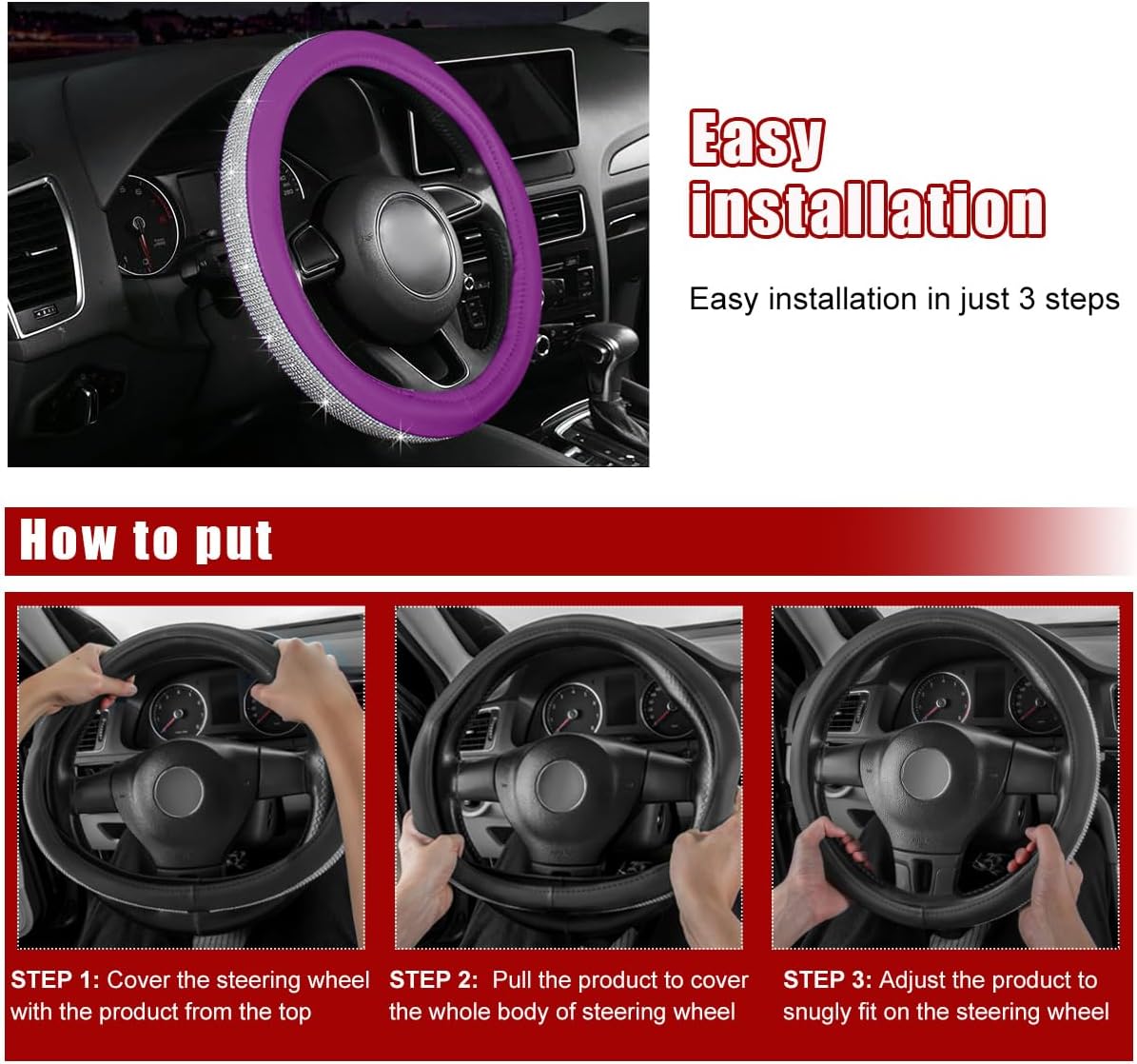Bling Car Steering Wheel Cover, Sparkling Crystal Rhinestone Auto Wheel Protector, Anti Slip Cover Fit 15 Inch Steering Wheel for Women Girls, Universal Car Accessories (White+Purple)