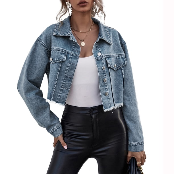 Txlixc Chaqueta de vaquero corta para mujeres, manga larga casual para adultos, dobladillo desgastado y solapa Txlixc moda