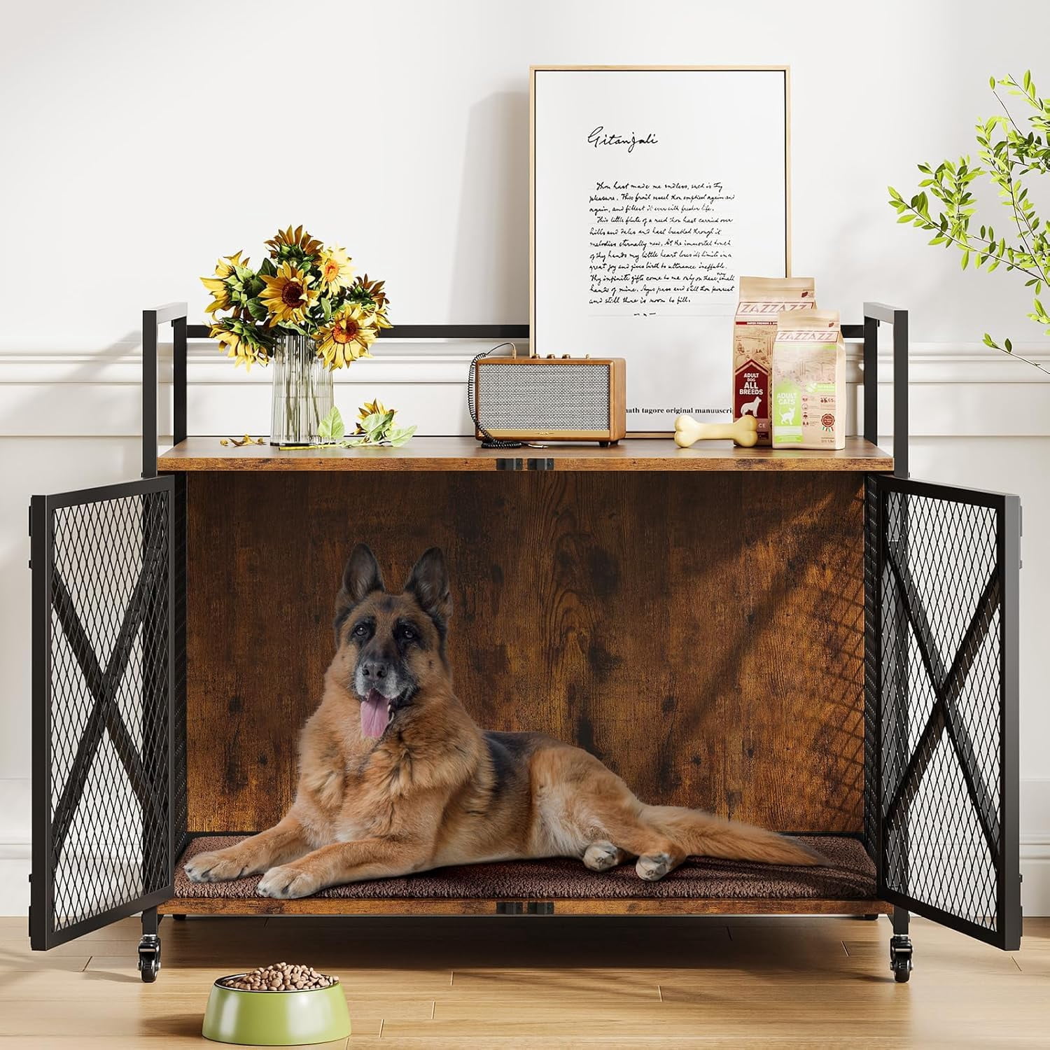 Garvee 41in Dog Crate Furniture, Rustic Brown Heavy Duty Wooden Dog Kennel with Lockable 360° Wheels, Double Door Pet Cage End Table for Small, Medium & Large Dogs