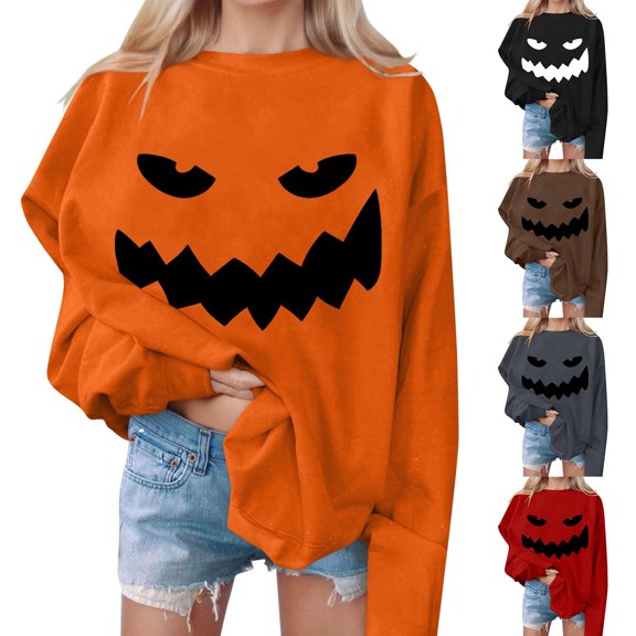 YVNAURA Cute Halloween Pumpkin Ghost Bat Print Sweatshirt for Women Crewneck Long Sleeve Pullover Oversized Loose Fit Casual Fall Spooky Season Top 1 Pack, Orange,L