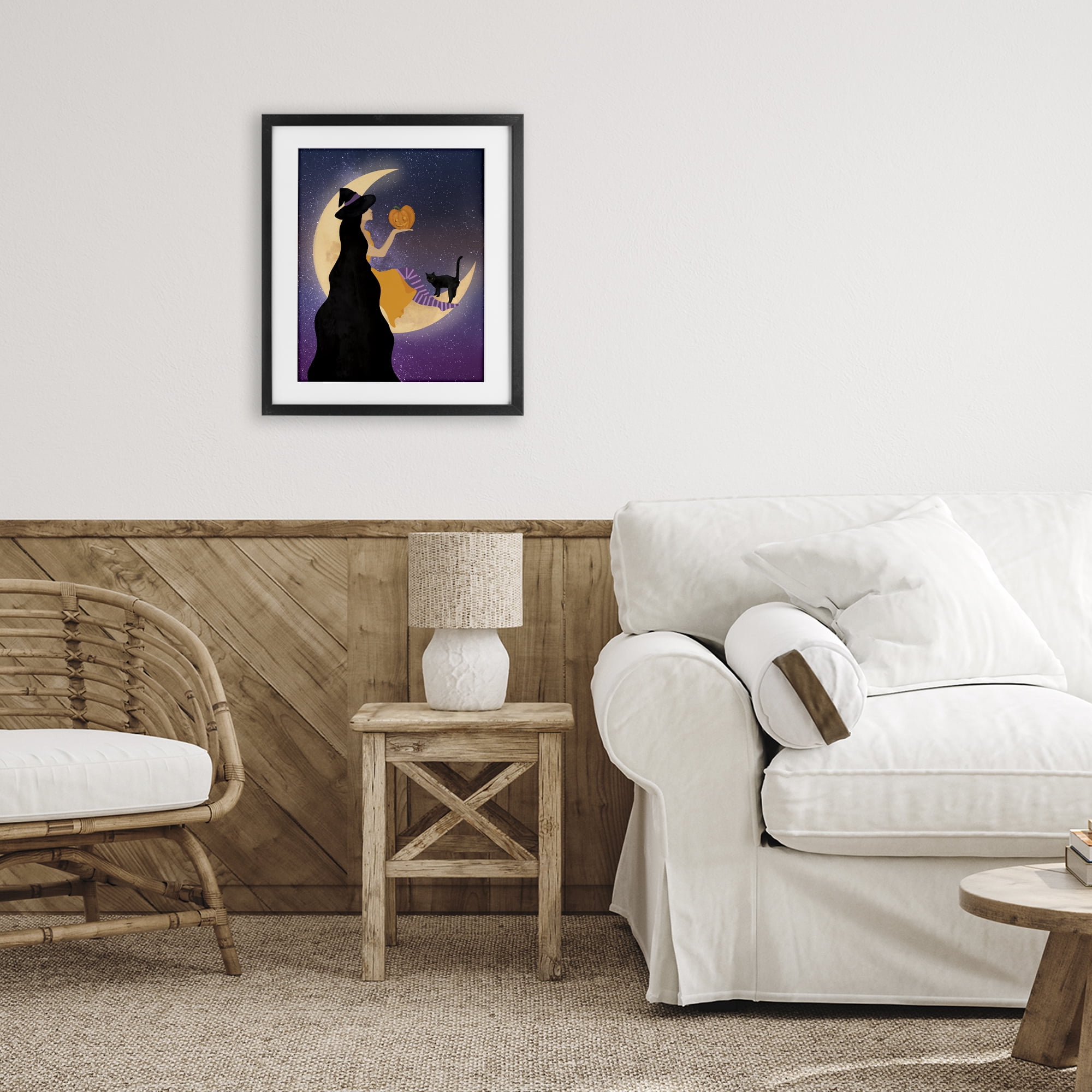 Stupell Industries Moonlit Witch Holding Jack-o-Lantern Black Framed Print Under Glass, design by Daniela Santiago