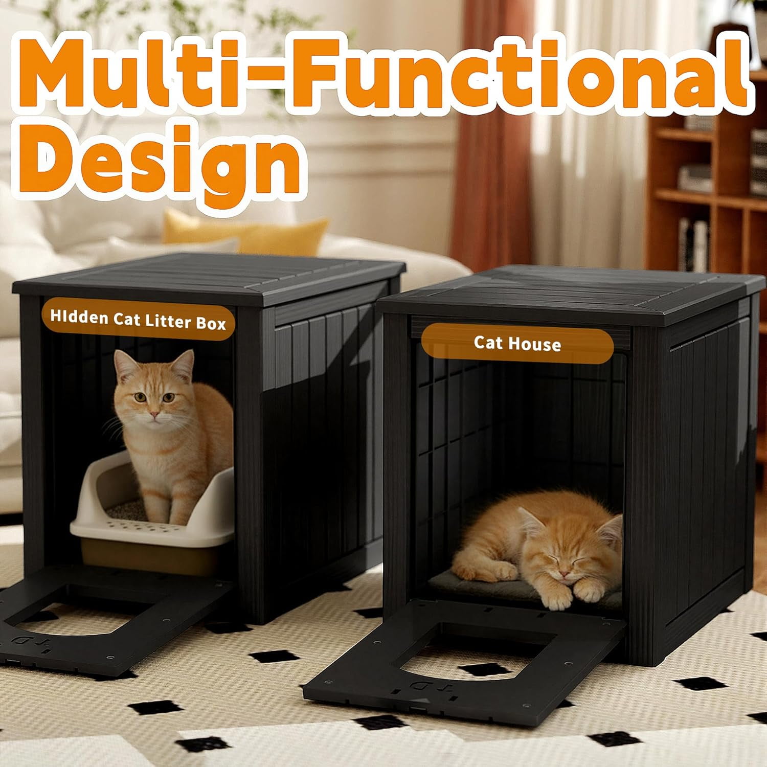 Favory Hidden Cat Litter Box Enclosure Furniture, Indoor Outdoor Cat House Side Table with Openable Door & Raised Floor, Easy Clean Assemble, Black