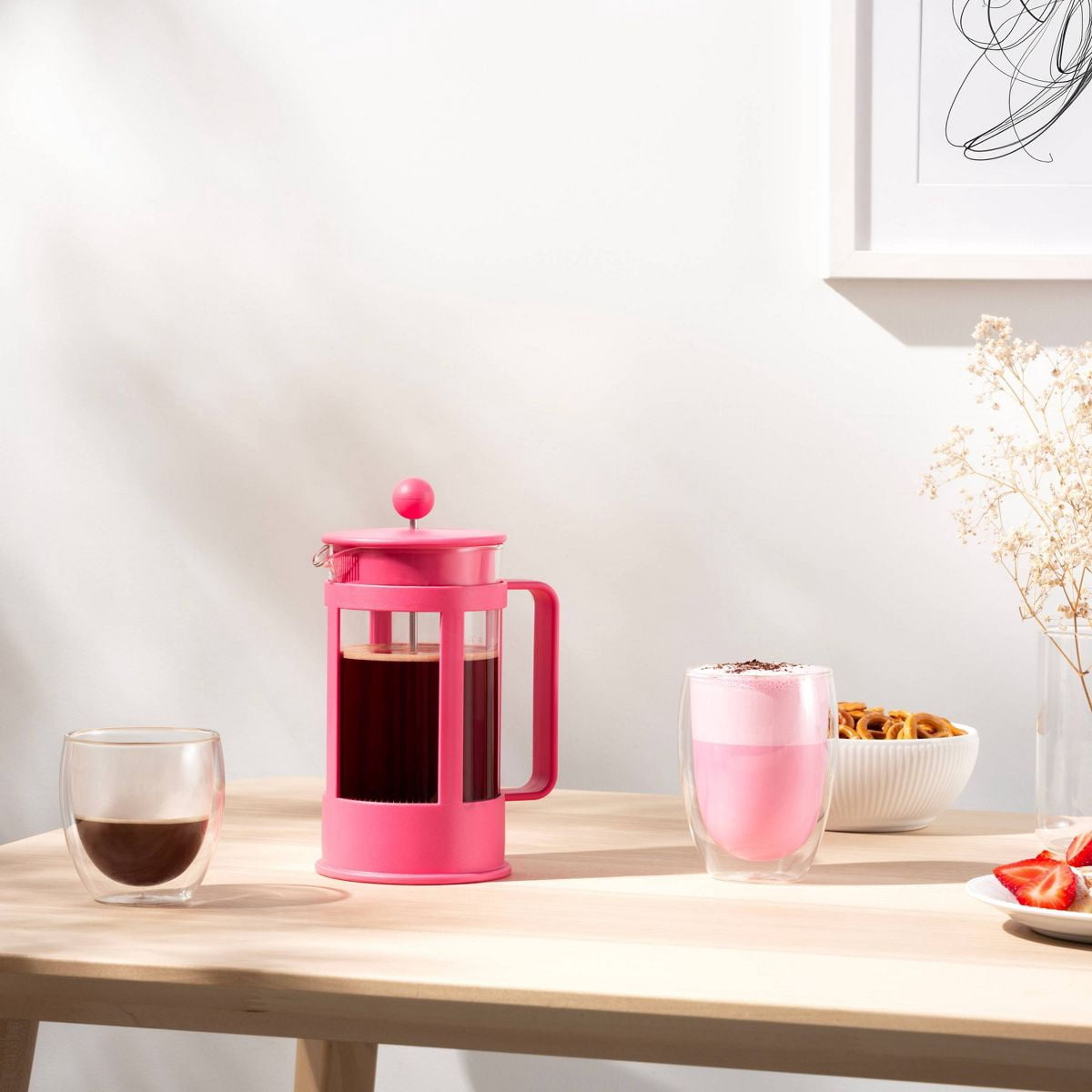 Bodum Kenya French Press Coffee Maker, 8 Cup, 1.0 L, 34 oz, Pink, Glass Beaker