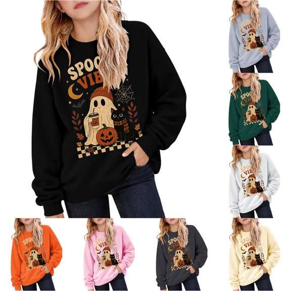 Zylarhe Halloween Sweatshirts for Kids Halloween Graphic Hoodie for Girls Cozy Sweatshirt Playful Design Autumn Wear Black 5-6 Years