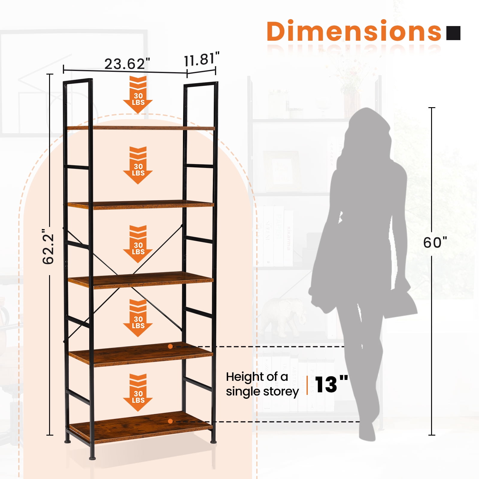 Aukfa 5 Tier Bookcase, Tall Bookshelf Storage Organizer for Home Office, Wood & Metal, Brown