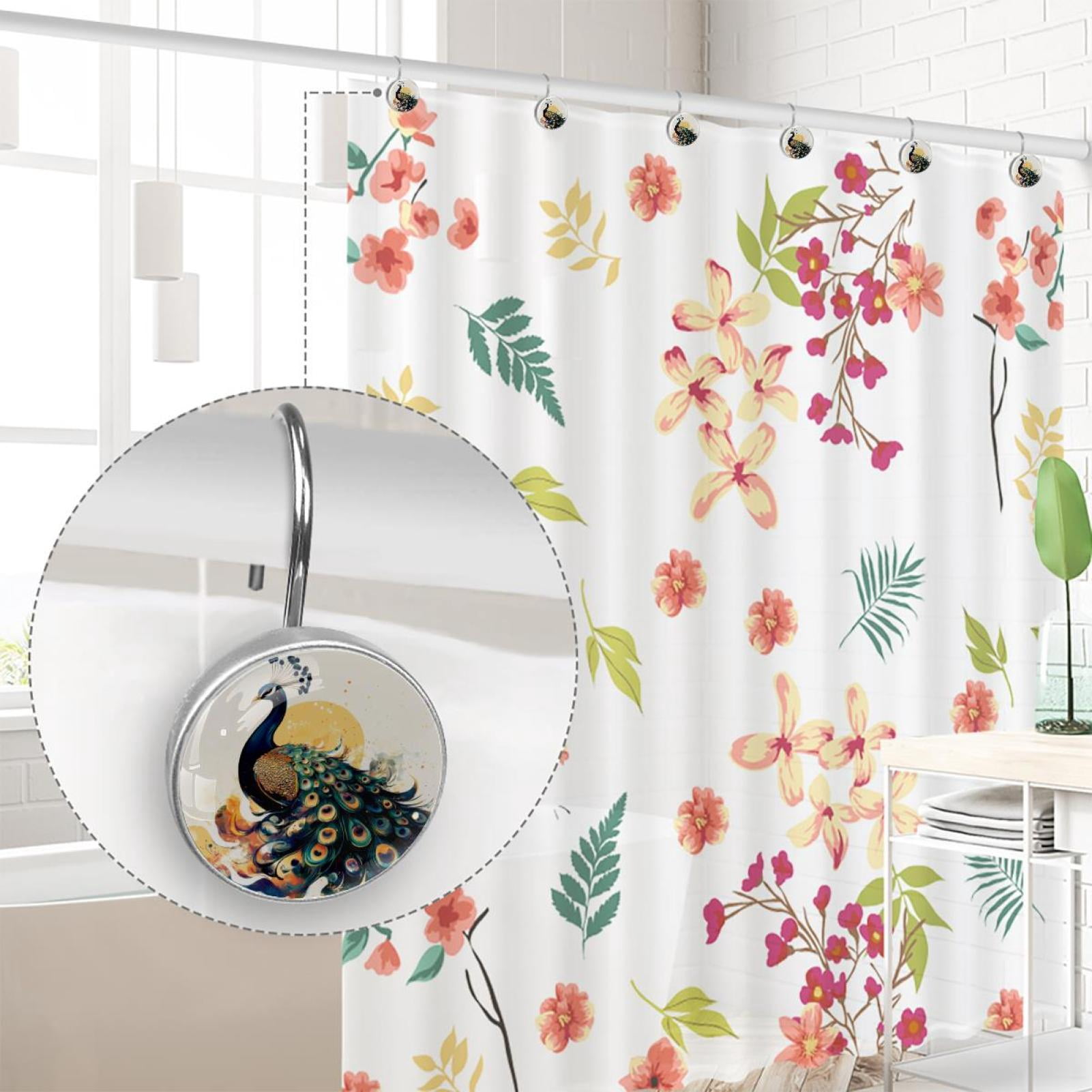 12pcs Decorative Shower Curtain Hooks, Rust Resistant Shower Rings for Bathroom Living Room,Rustproof Stainless Steel Rings for Shower Curtain and Liner Rods,Peacock Illustration