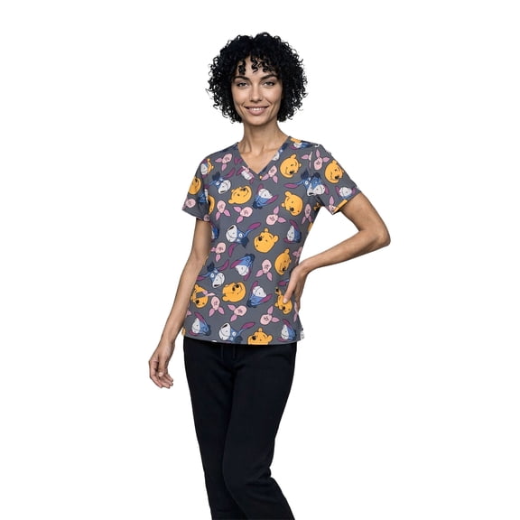 Disney Winnie the Pooh Women’s V-Neck Short Sleeve Scrub Top – Allover Print (S-3XL)