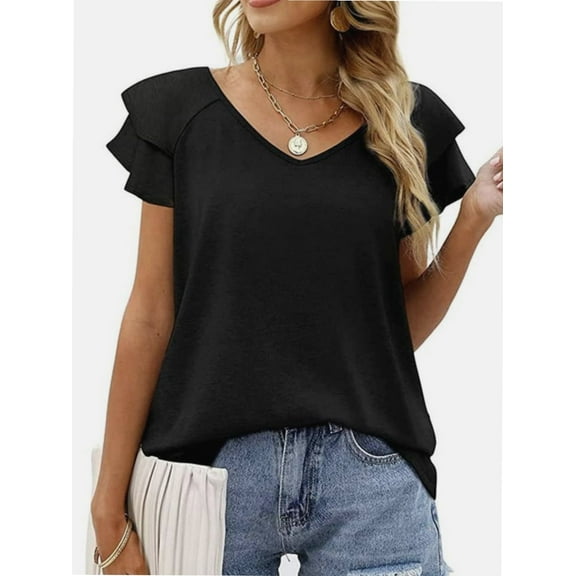 Womens Casual Tops Cute Ruffle Short Sleeves V Neck T-Shirts Solid Color Fashion Loose Tunic Top
