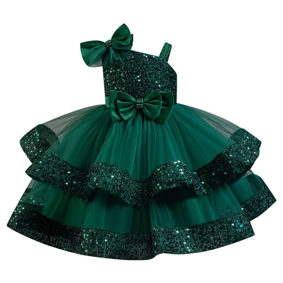 IDOPIP Pageant Dresses for Girls Sequin Toddler Tiered Tulle Tutu Prom Dress Wedding Birthday Formal Gown 3-4 Years Green