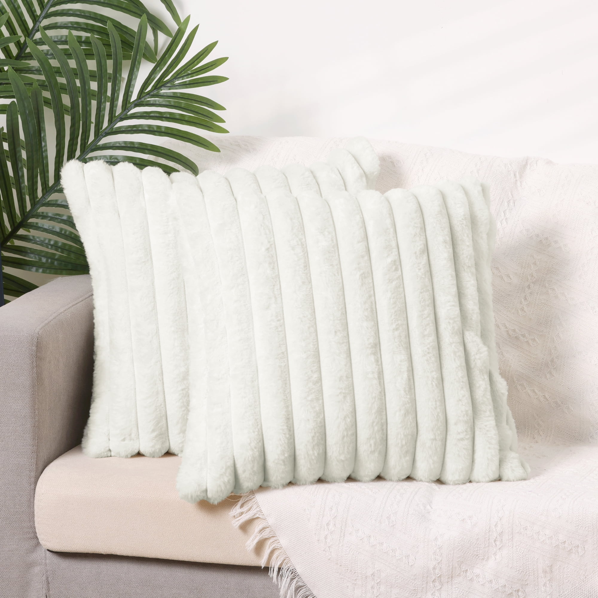 Unique Bargains Pack of 4 Solid Striped Throw Pillow Covers Plush Faux Fur Pillow Cover White/Light Brown 16" x 16"