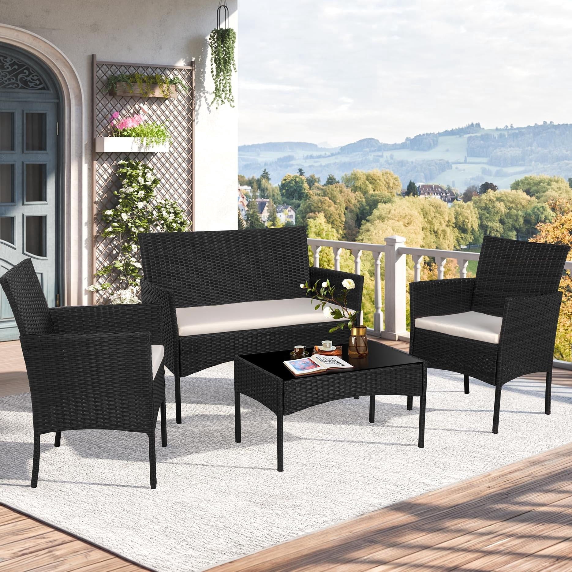 YIORTWO 4-Piece Outdoor Patio Furniture Set, Wicker Sofa Set with Thick Cushions, All-Weather Rattan Deep Seating Set with Tempered Glass Table, Black
