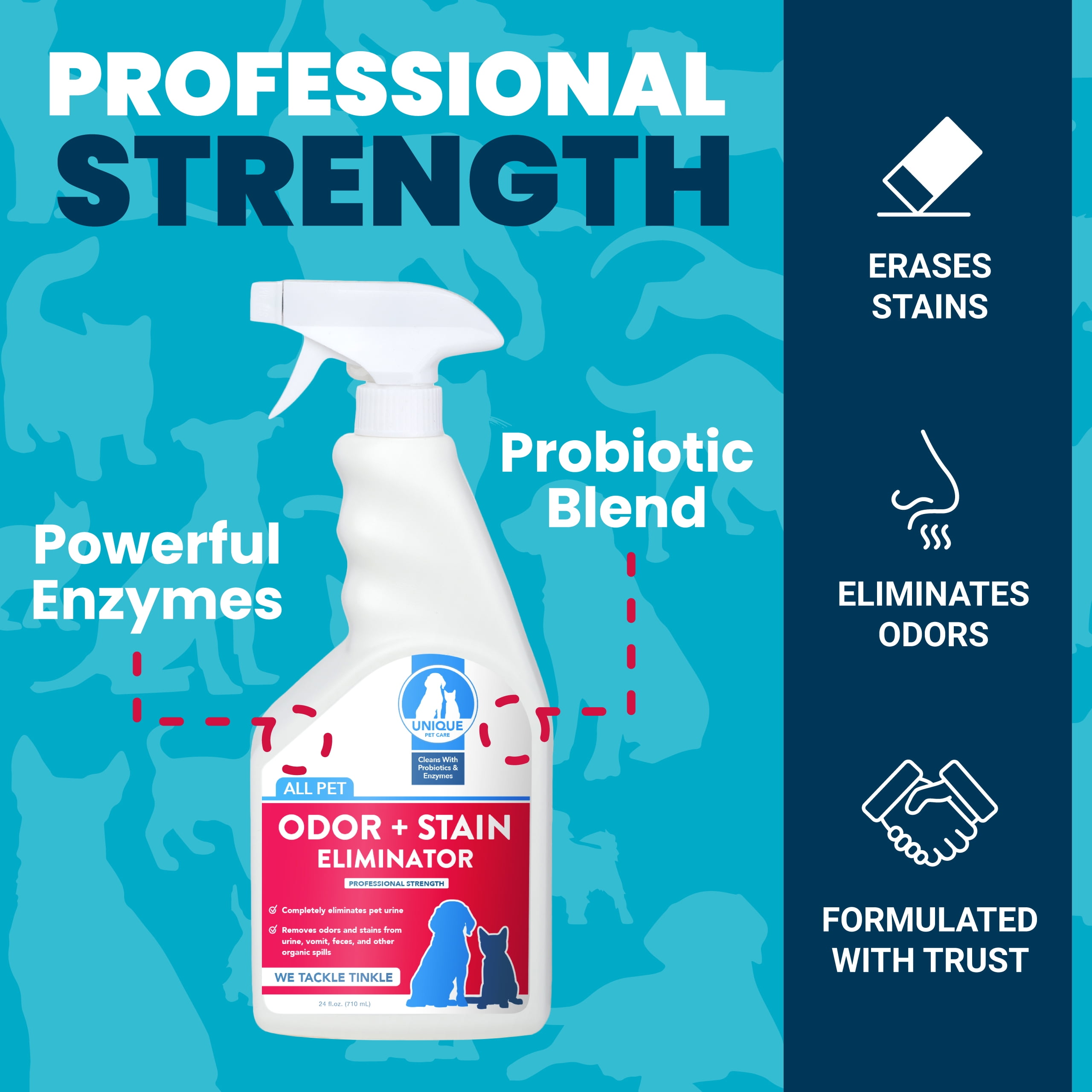 Unique pet odor and stain clearance eliminator