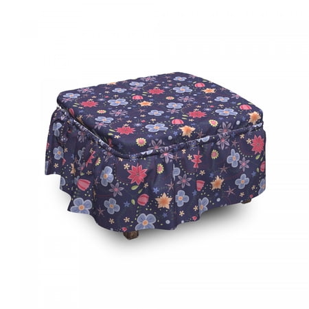 Spring Ottoman Cover  Colorful Theme Petals Doodle  2 Piece Slipcover Set with Ruffle Skirt for Square Round Cube Footstool Decorative Home Accent  Standard Size  Multicolor  by Ambesonne