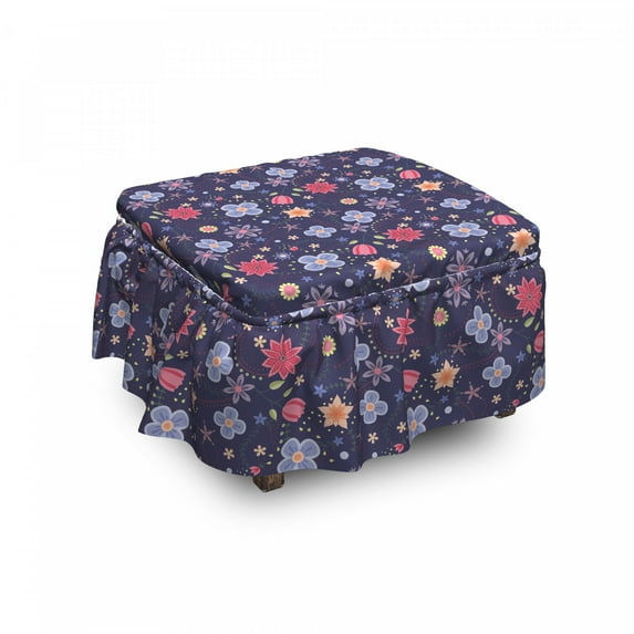 Spring Ottoman Cover, Colorful Theme Petals Doodle, 2 Piece Slipcover Set with Ruffle Skirt for Square Round Cube Footstool Decorative Home Accent, Standard Size, Multicolor, by Ambesonne