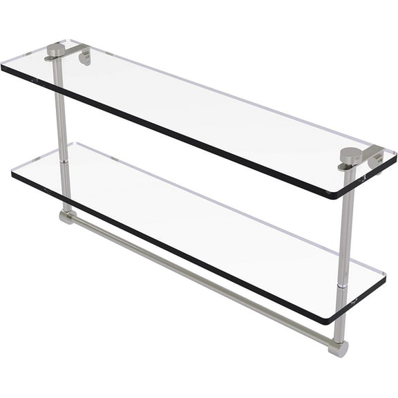 NS-2/22TB 22 Inch Two Tiered Integrated Towel Bar Glass Shelf, Satin Nickel