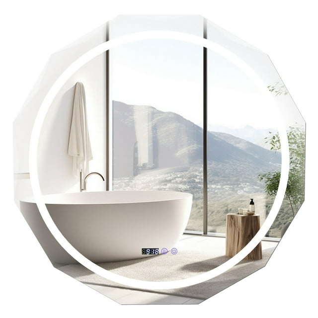 Costway 30" x 30" LED Bathroom Mirror with Dimmable 3-Color Lights Defog Time/Temp Display