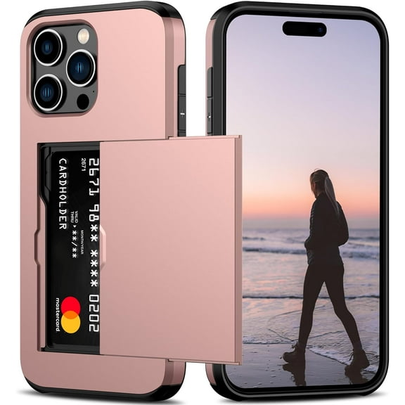 Compatible with iPhone 15 Pro Max Case with Card Holder Heavy Duty Protective Dual Layer Shockproof Hidden Card Slot Slim Wallet Phone Cover for Women&Men 6.7 inch(Rose Gold)