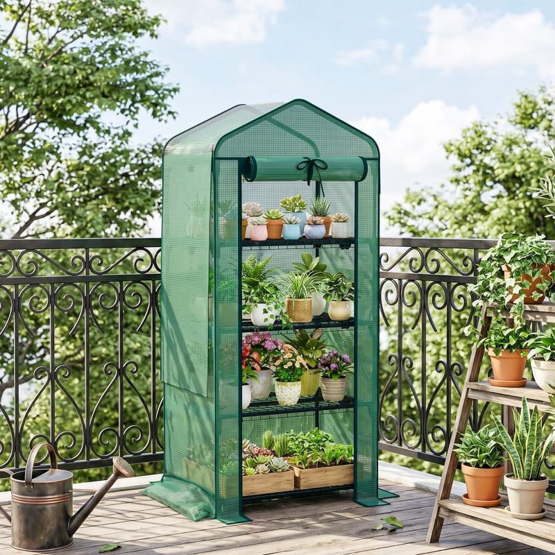 Alvantor Green 4-Tier Mini Greenhouse with Screen Roof, 27"x19"x63"