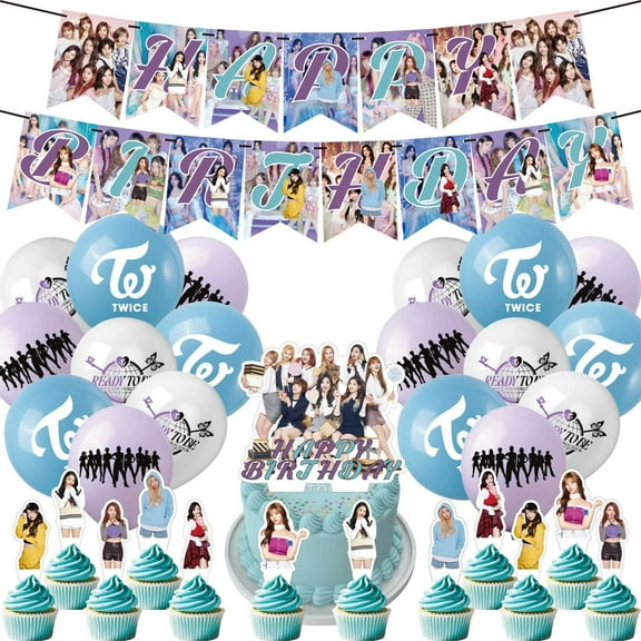 32 Pcs For Twice Theme Birthday Party Decorations Set with 12 Cupcake Toppers,1 Happy Birthday banner,Cake Topper,18 Balloons,All-in-One Celebration Kit