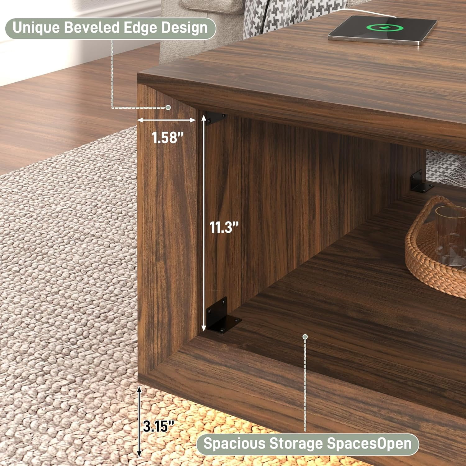 ANPOO 32"  Minimalist Modern Square Coffee Table with LED Light & Power Outlet, 2-Tier Wood Mid Century Table with Storage for Living Room