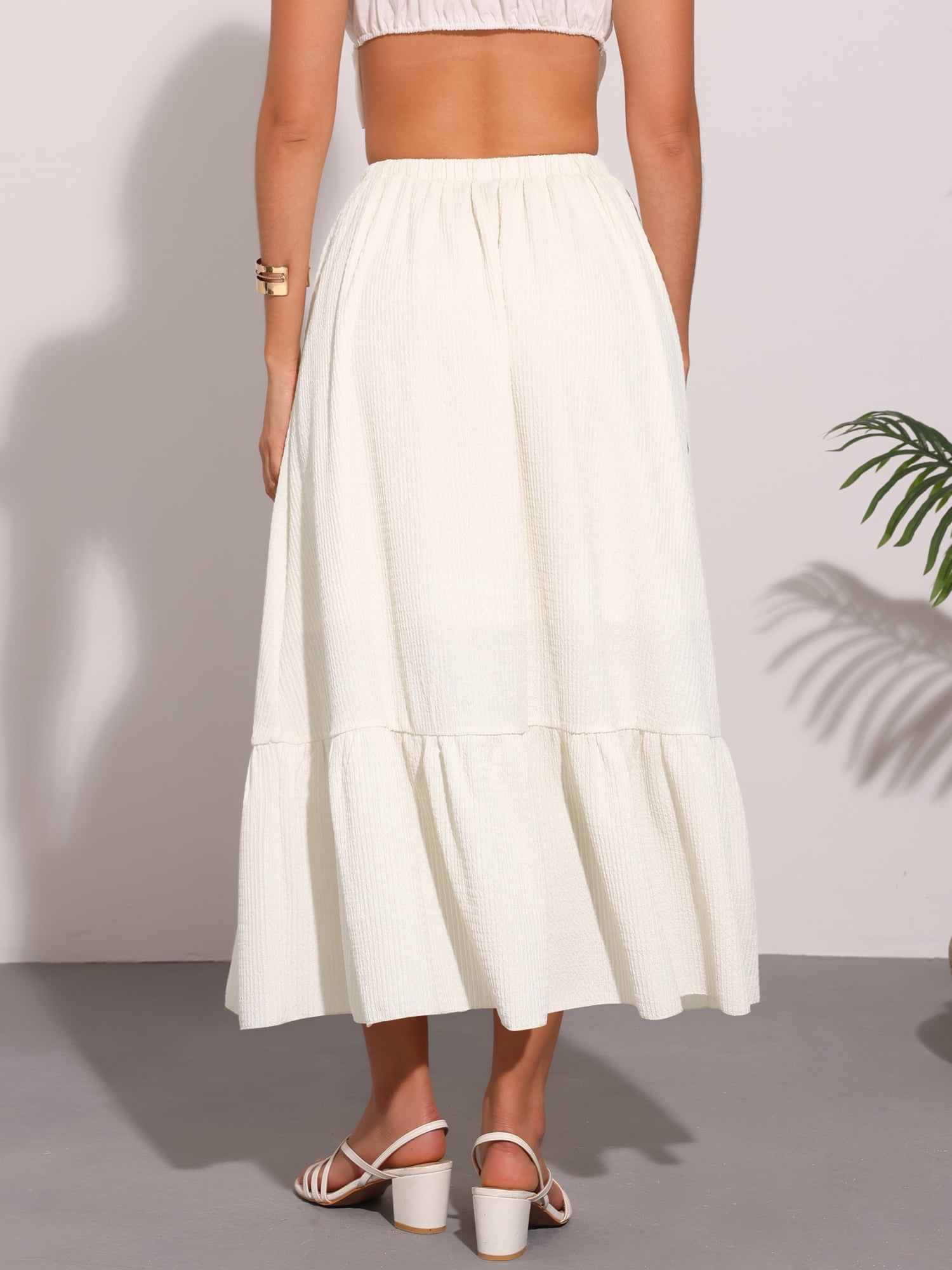 DARING DIVA Women's Elastic High Waist Flowy Tiered A-Line Summer Maxi Skirt XL Beige
