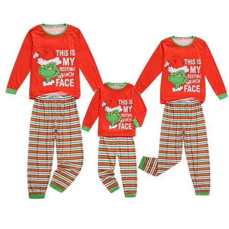 

JBEELATE Christmas Pajamas Cartoon Letter Print Long Sleeve Round Neck T-shirt + Color Block Striped Pants for Adults Kids