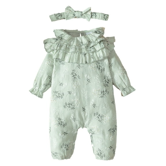 Newborn Baby Girls Clothes Baby Girls One Piece Romper Jumpsuit Long Sleeve Ruffle Collar Floral Jumpsuit Headband 2PCS Set Green 0-3 Months